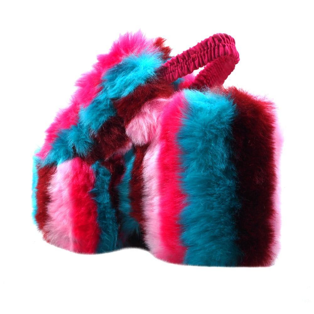 Multi coloured faux fur women's slip-on platforms-posterior view