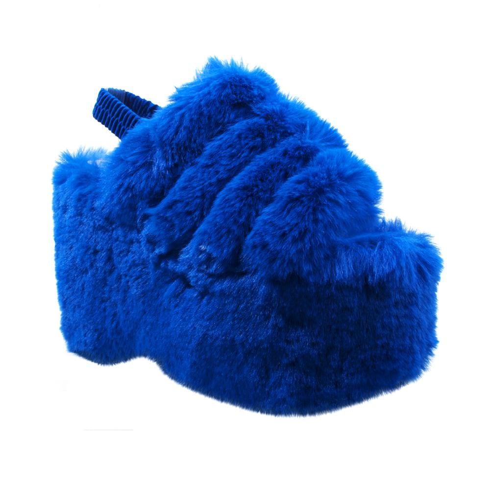 Cobalt faux fur women's slip-on platforms-corner view