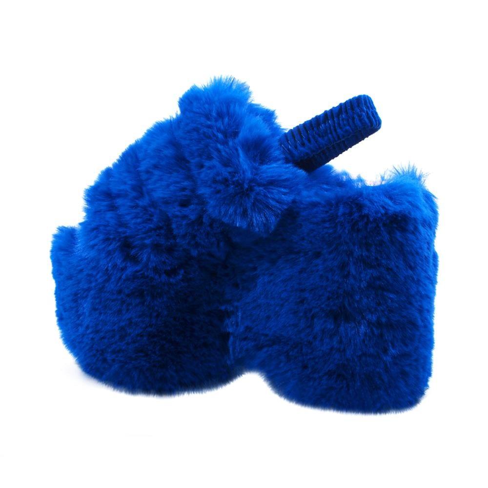 Cobalt faux fur women's slip-on platforms-posterior view