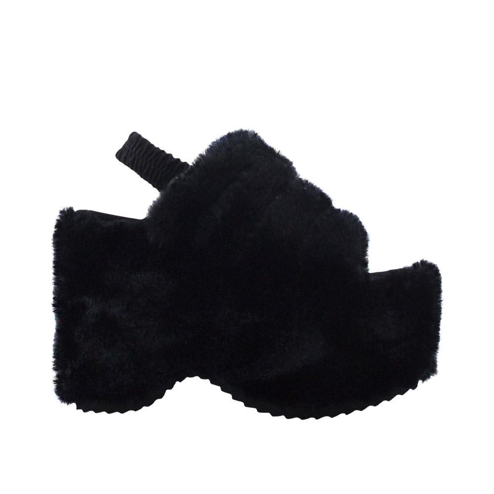 Black faux fur women's slip-on platforms-side view