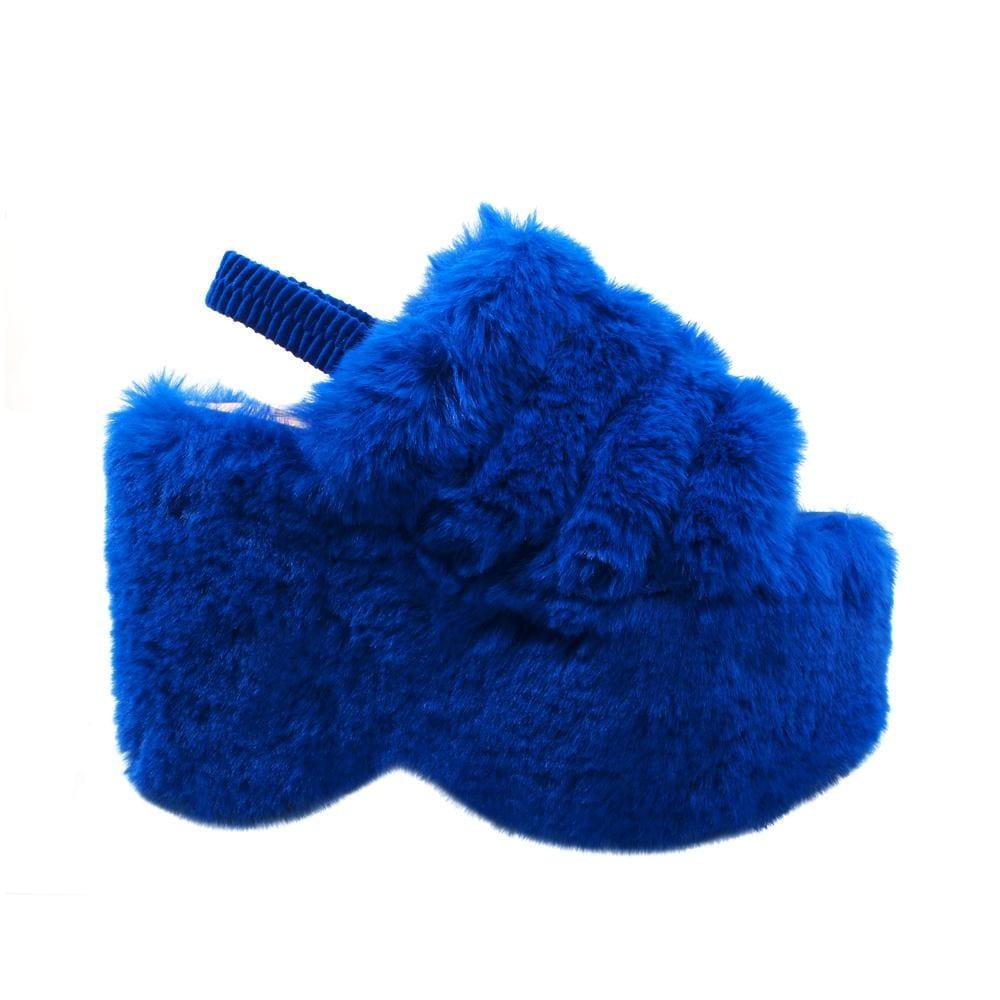 Cobalt faux fur women's slip-on platforms-side view