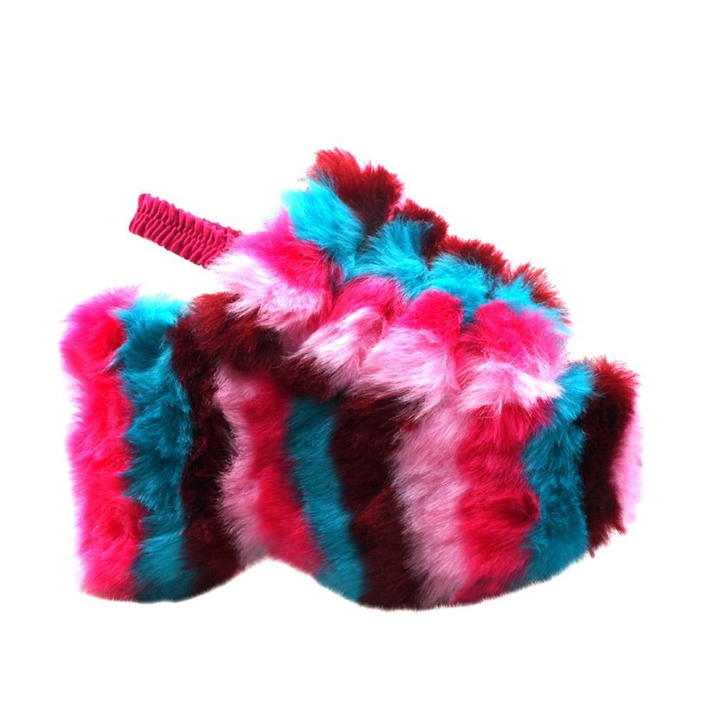 Multi coloured faux fur women's slip-on platforms-side view