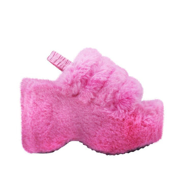 Pink faux fur women's slip-on platforms-side view