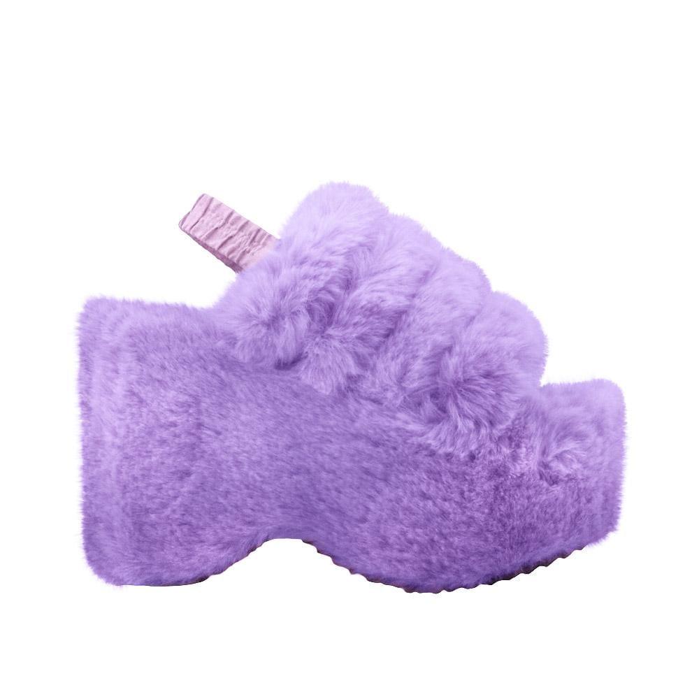 Purple faux fur women's slip-on platforms-side view