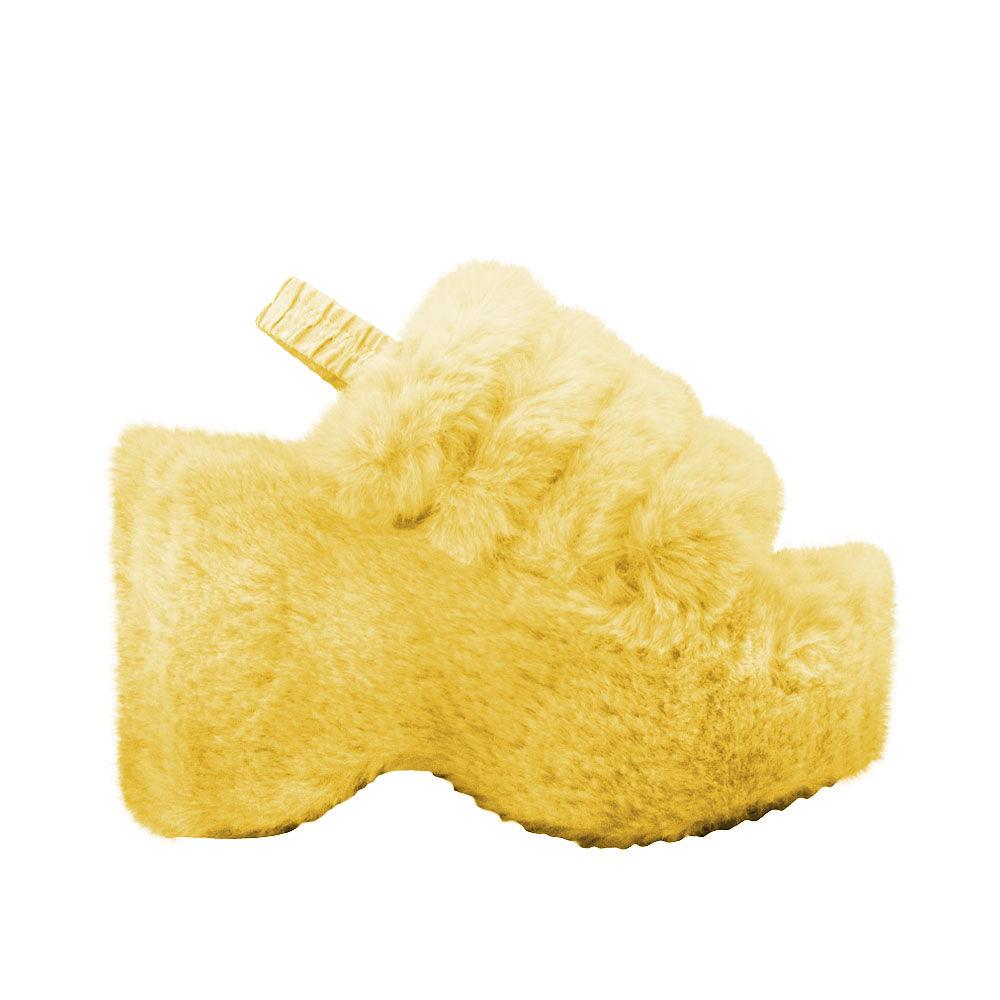 Yellow faux fur women's slip-on platforms-side view