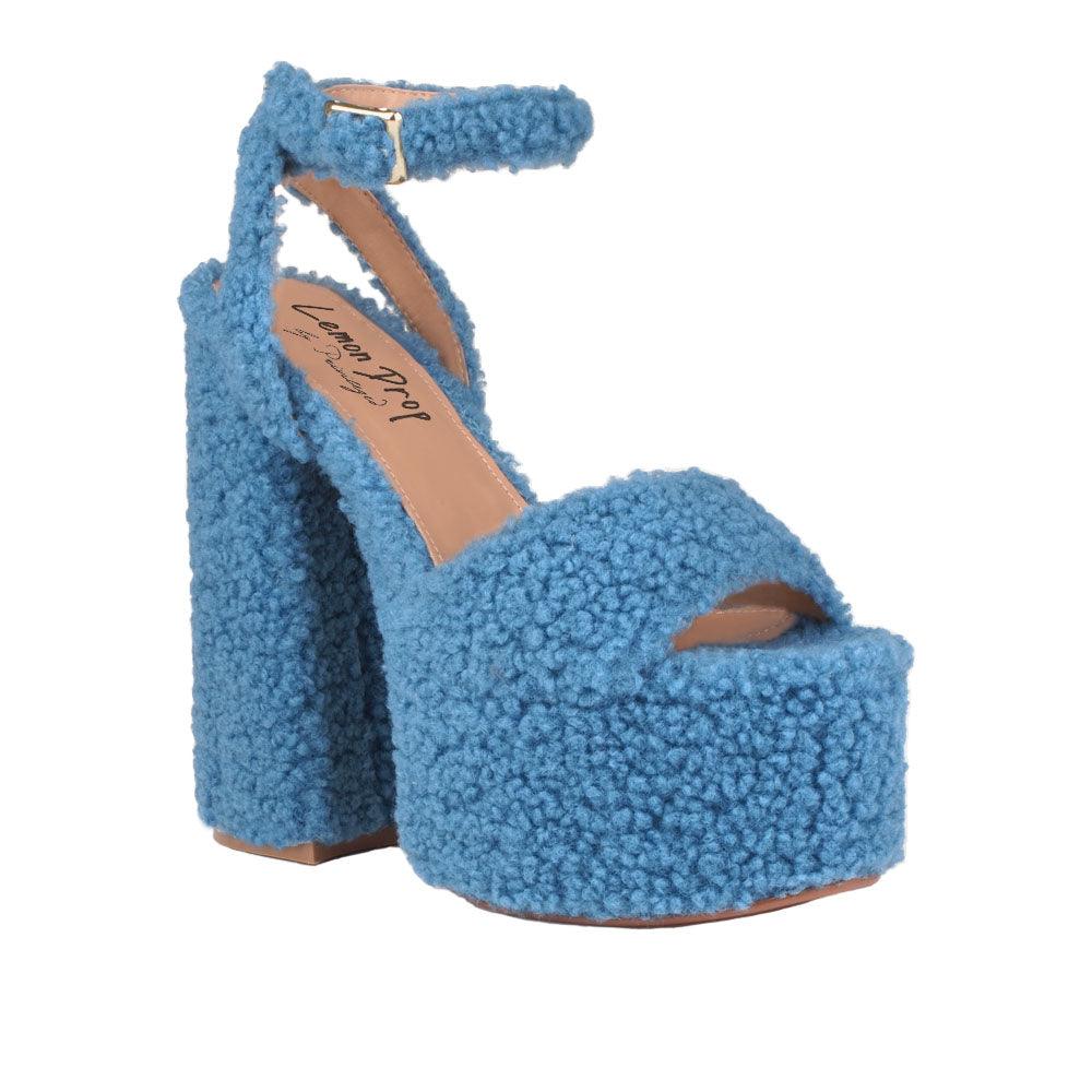 Shag covered women's platform heels in blue-corner view