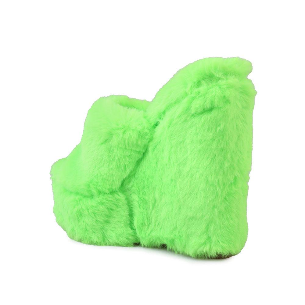 Neon green slip-on faux fur women's shoes-posterior view