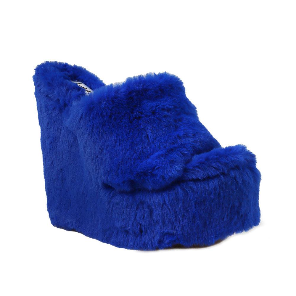 Cobalt slip-on faux fur women's shoes-corner view