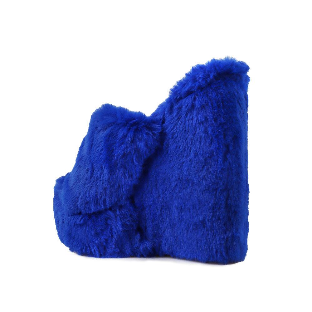 Cobalt slip-on faux fur women's shoes-posterior view