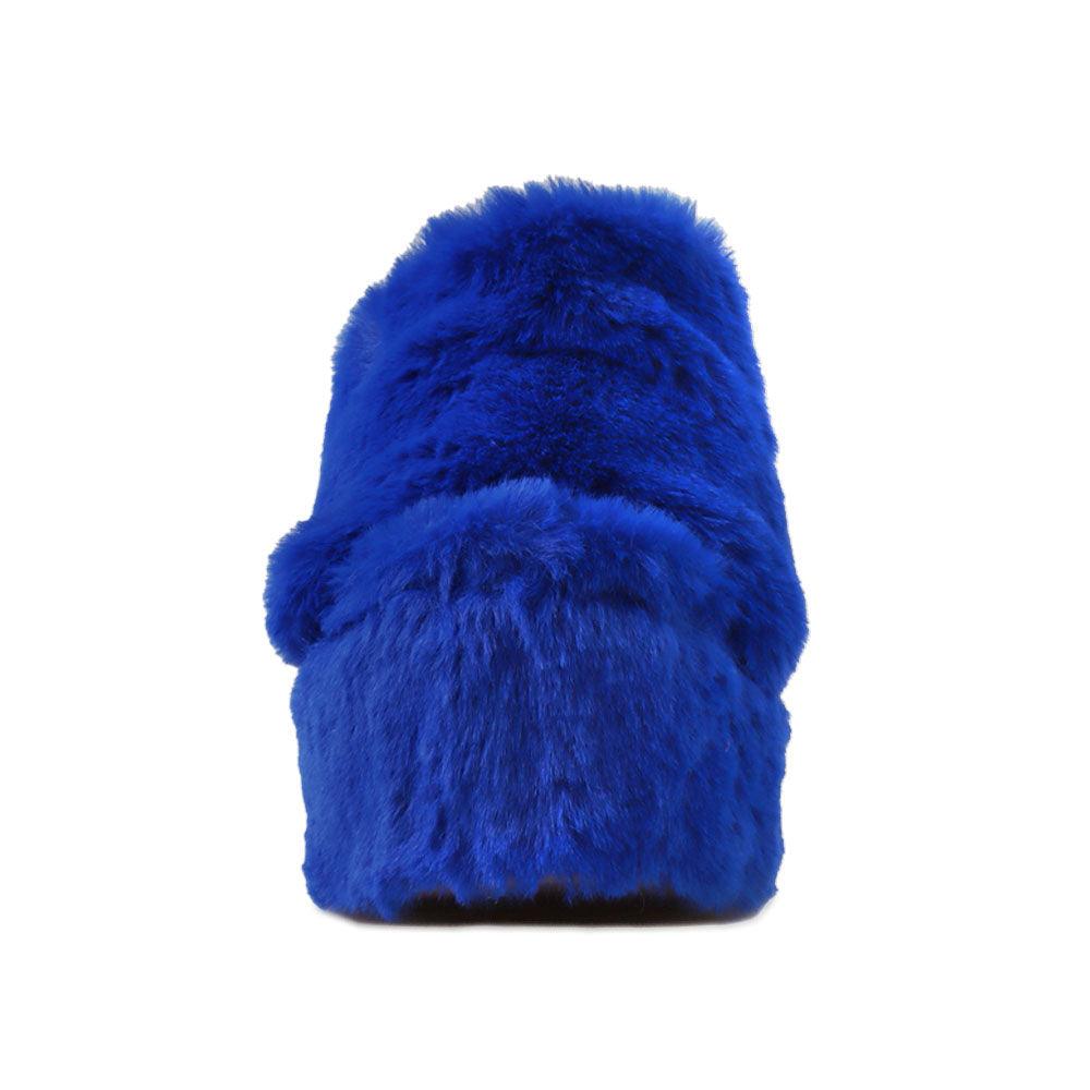 Cobalt slip-on faux fur women's shoes-front view