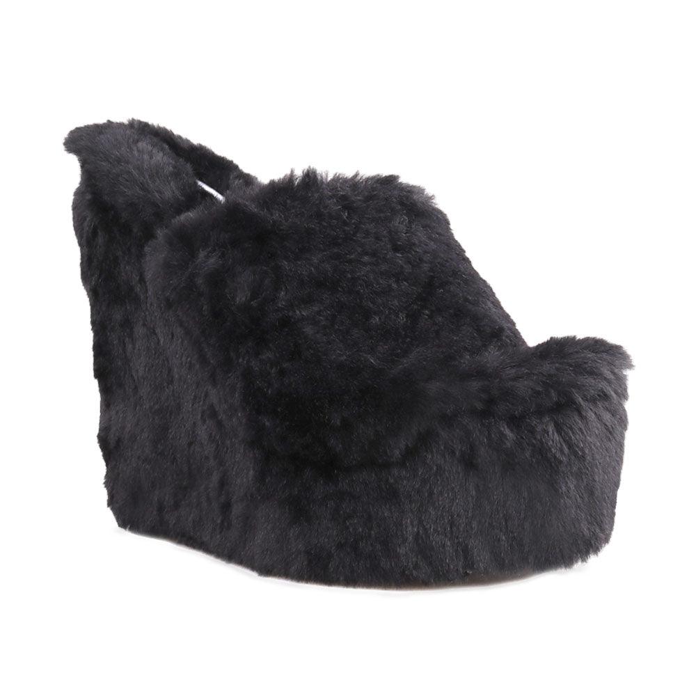 Black slip-on faux fur women's shoes-corner view