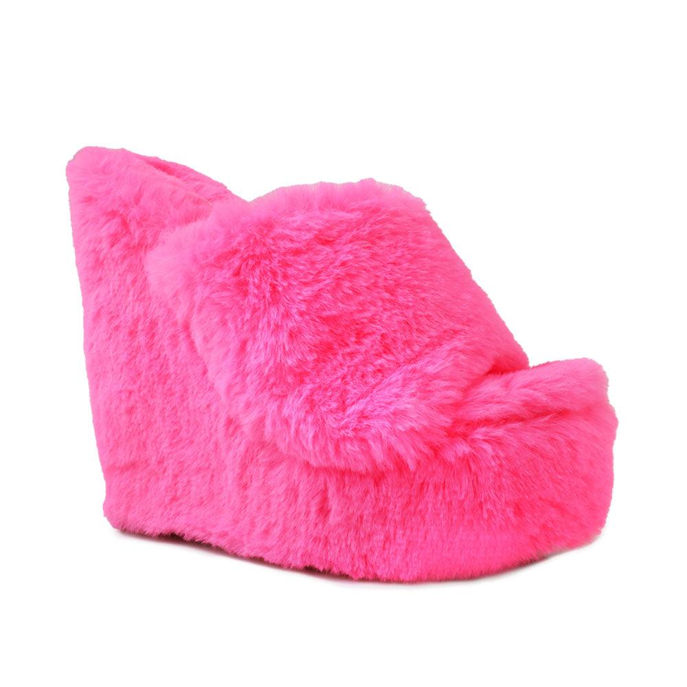 Neon pink slip-on faux fur women's shoes-corner view