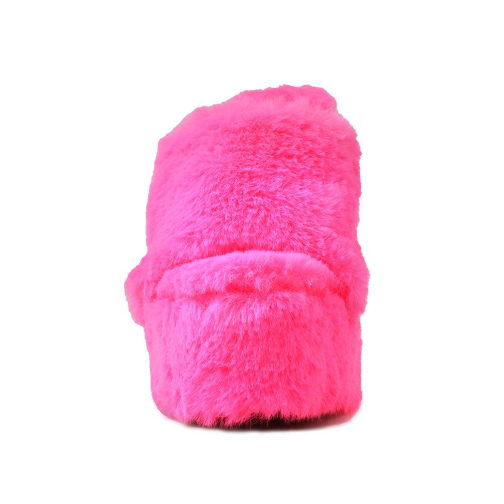 Neon pink slip-on faux fur women's shoes-front view