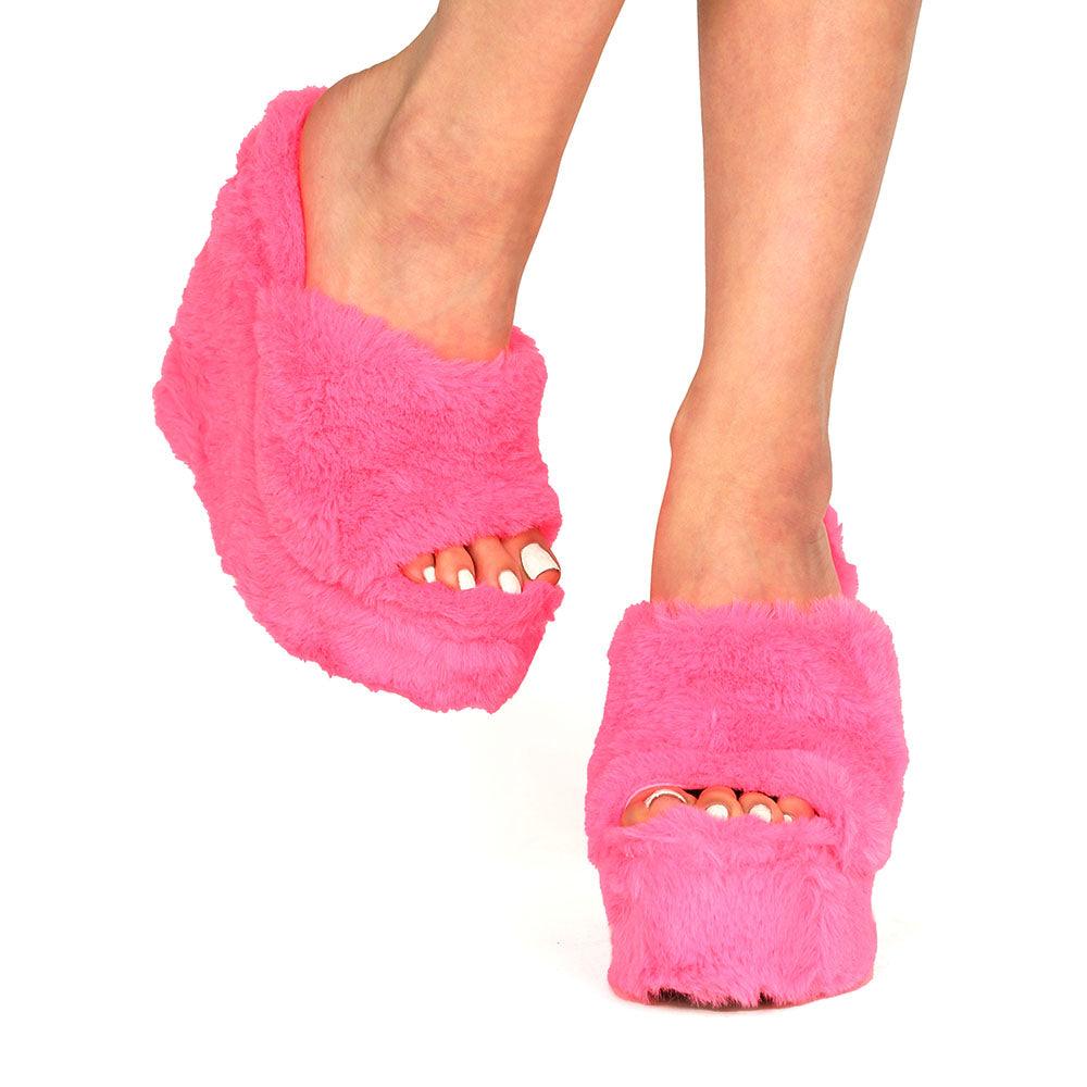 Neon pink slip-on faux fur women's shoes