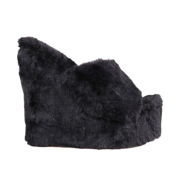 Black slip-on faux fur women's shoes-side view