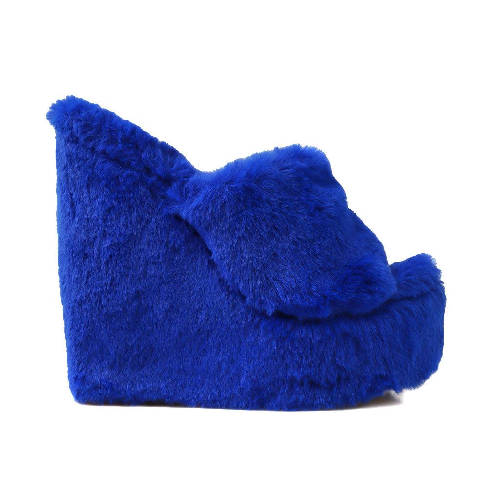 Cobalt slip-on faux fur women's shoes-side view