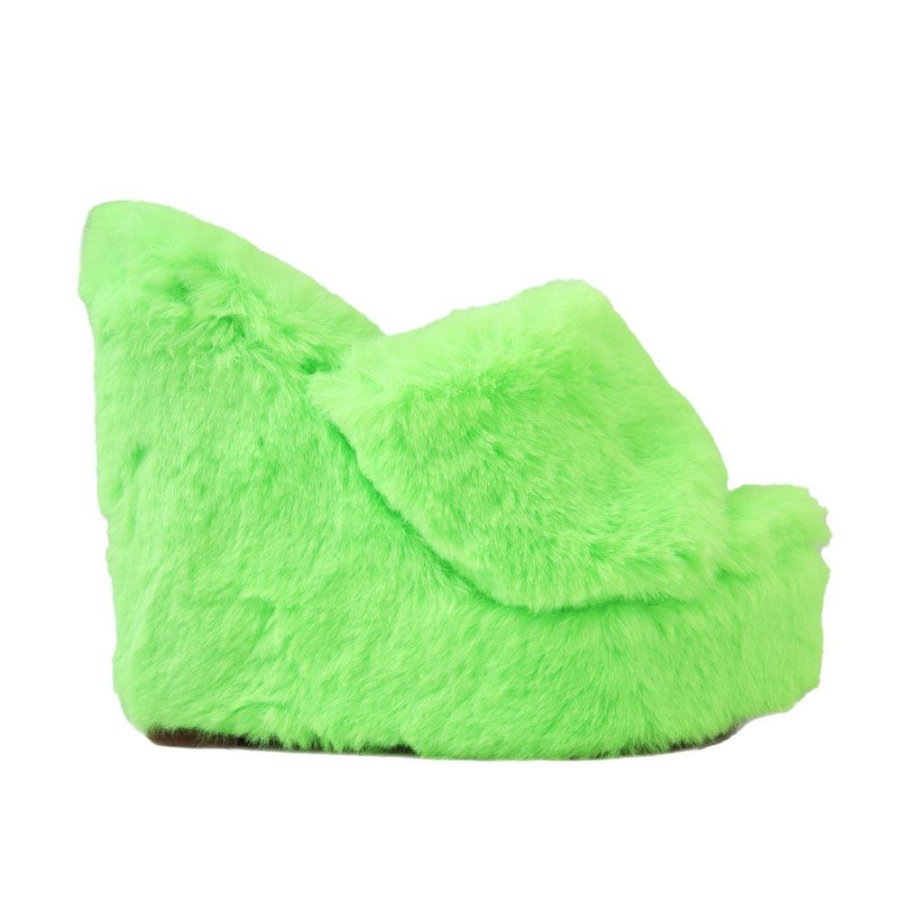 Neon green slip-on faux fur women's shoes-side view