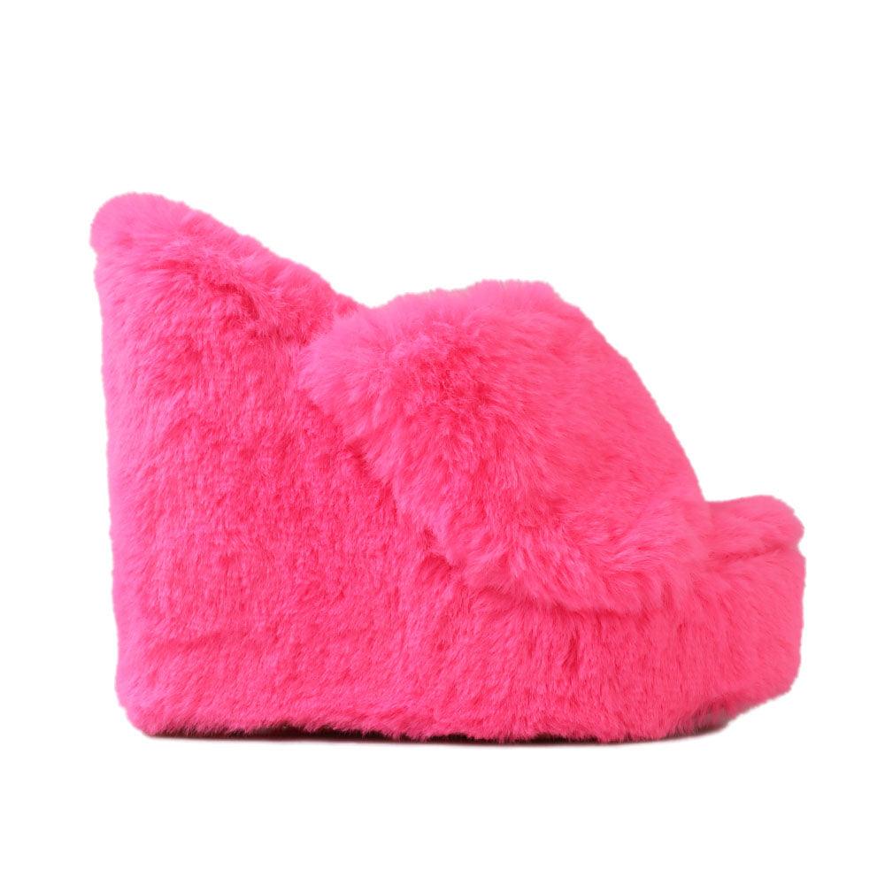 Neon pink slip-on faux fur women's shoes-side view