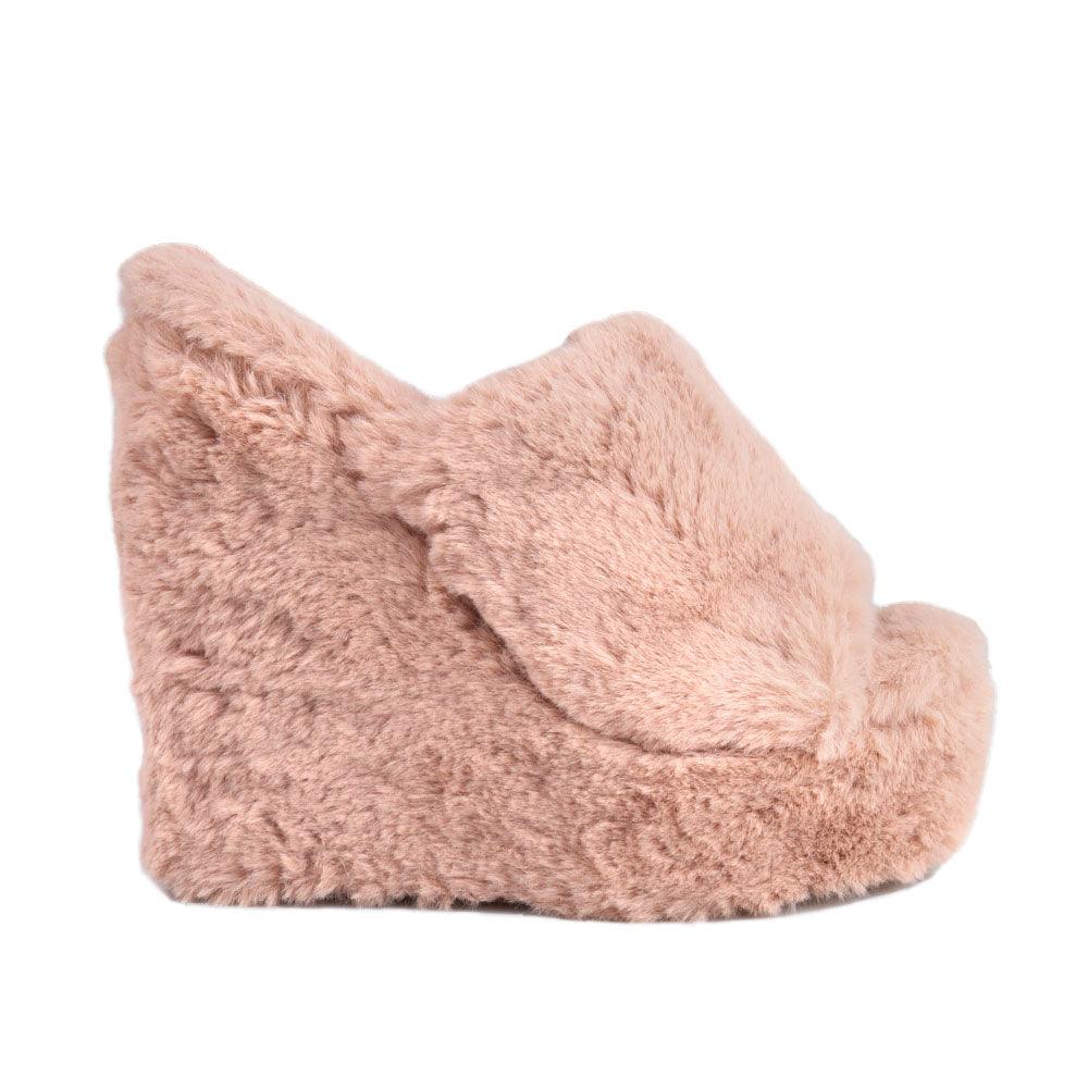 Tan slip-on faux fur women's shoes-side view