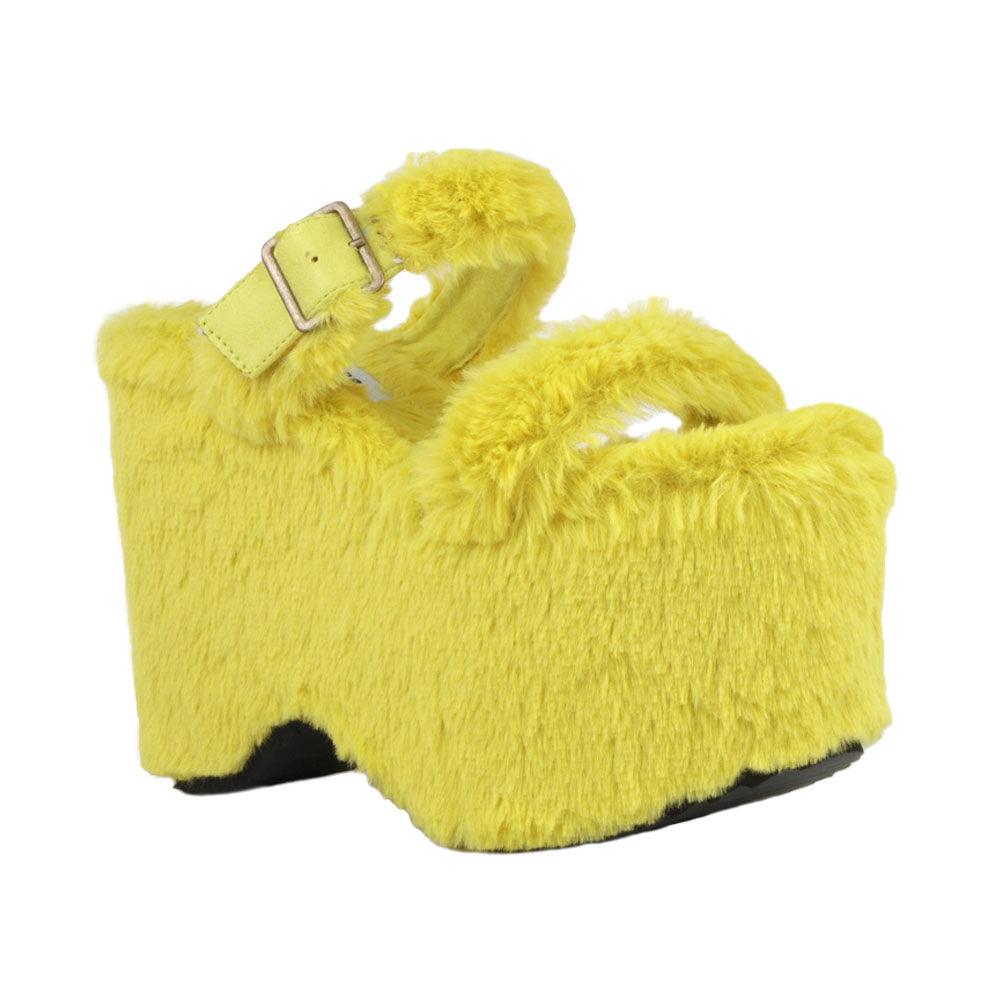 Yellow slip on all-around faux fur women's platform sandals-corner view