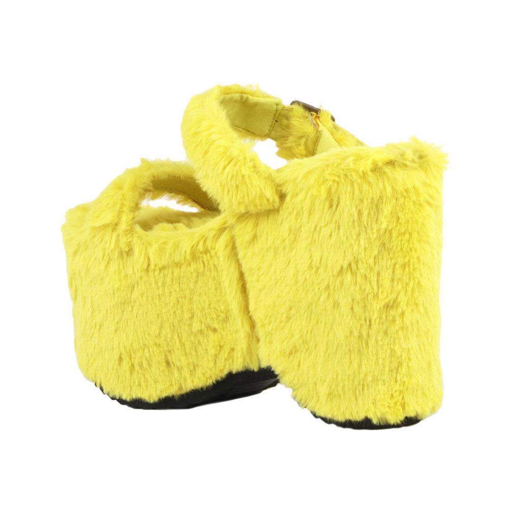 Yellow slip on all-around faux fur women's platform sandals-posterior view