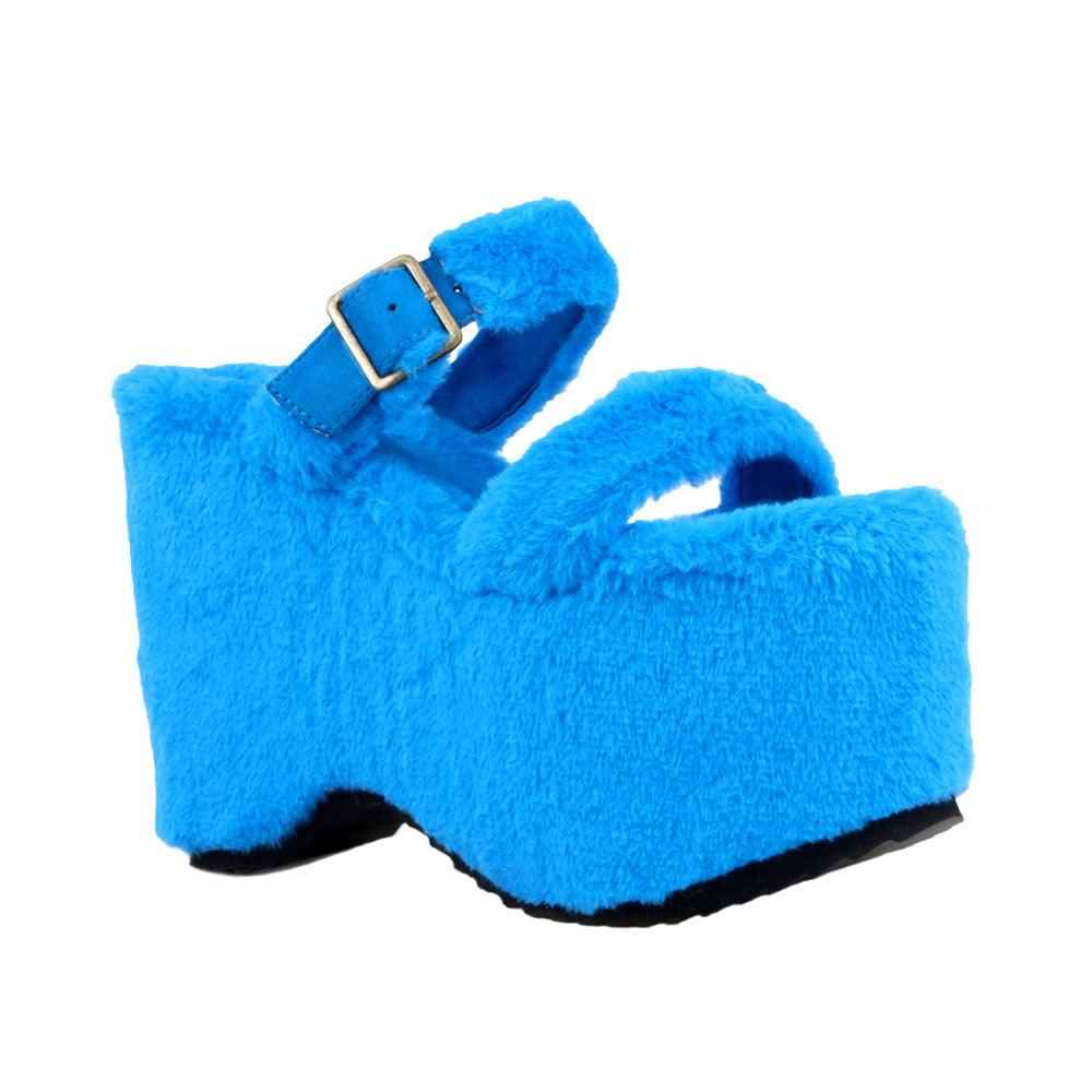 Blue slip on all-around faux fur women's platform sandals-corner view