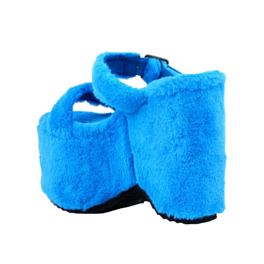 Blue slip on all-around faux fur women's platform sandals-posterior view