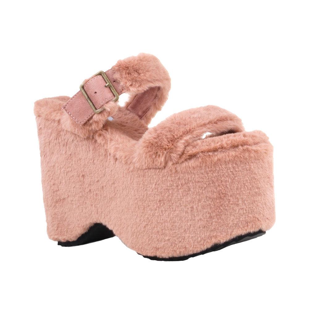 Taupe slip on all-around faux fur women's platform sandals-corner view