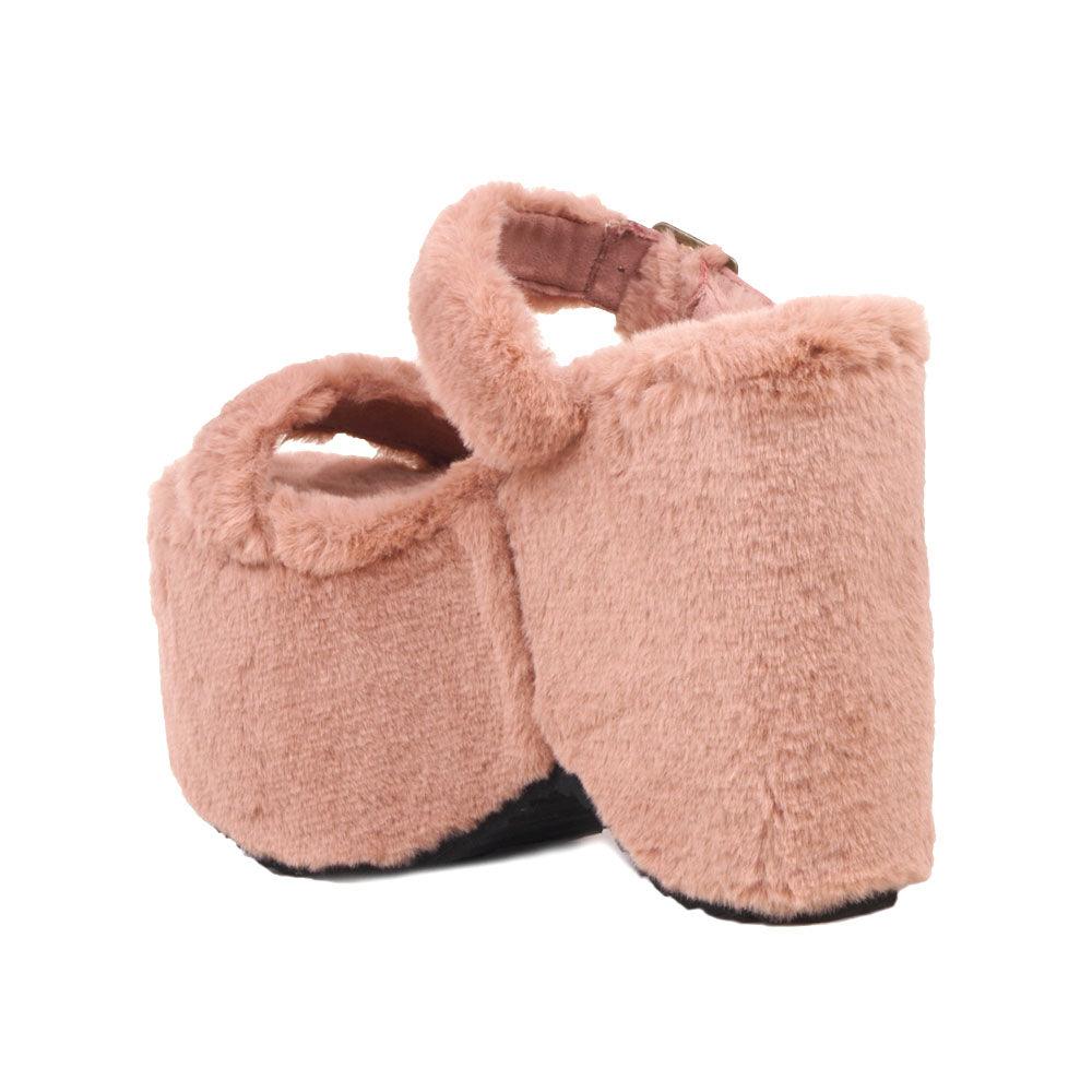 Taupe slip on all-around faux fur women's platform sandals-posterior view