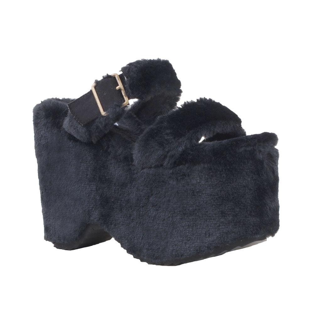 Black slip on all-around faux fur women's platform sandals-corner view