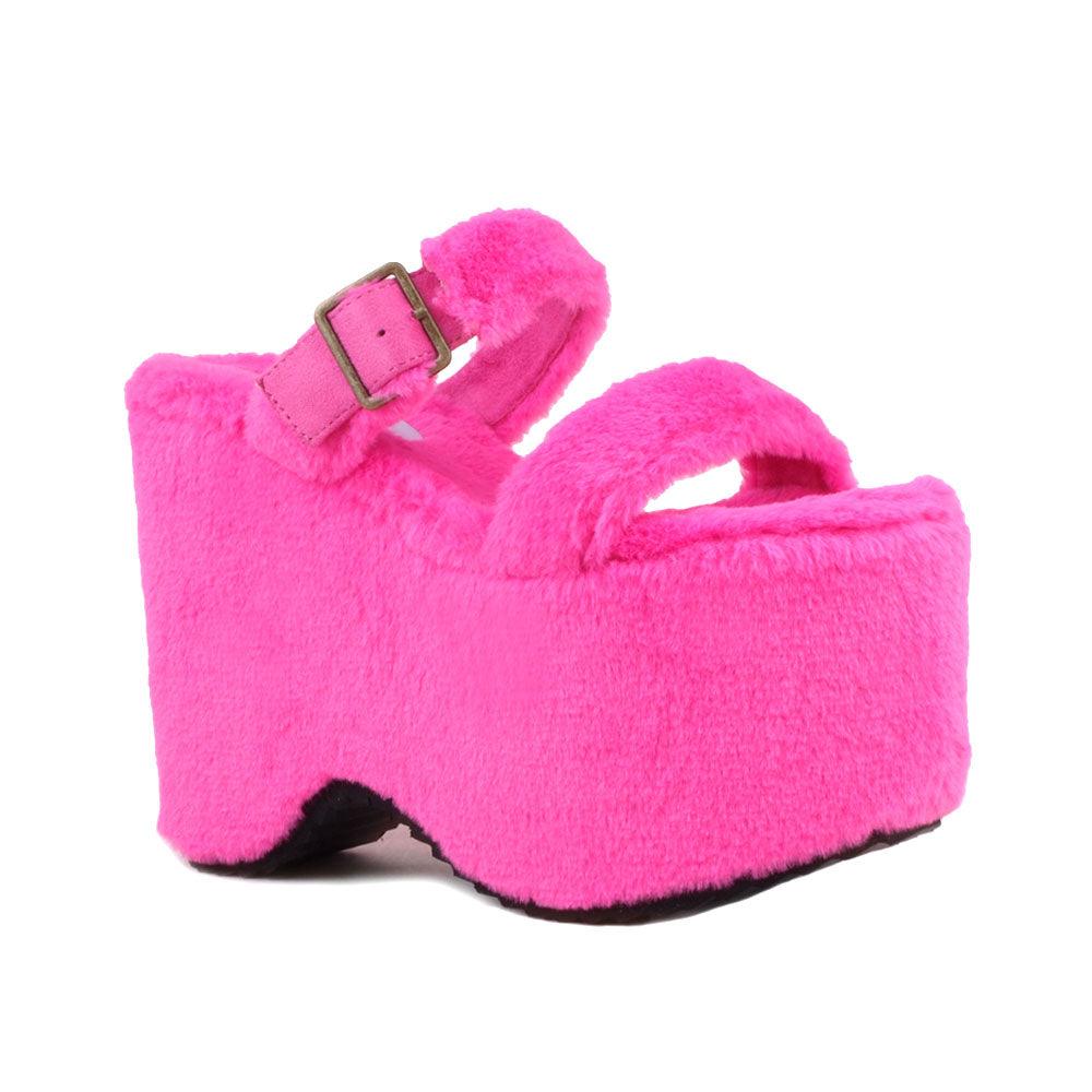 Hot pink slip on all-around faux fur women's platform sandals-corner view