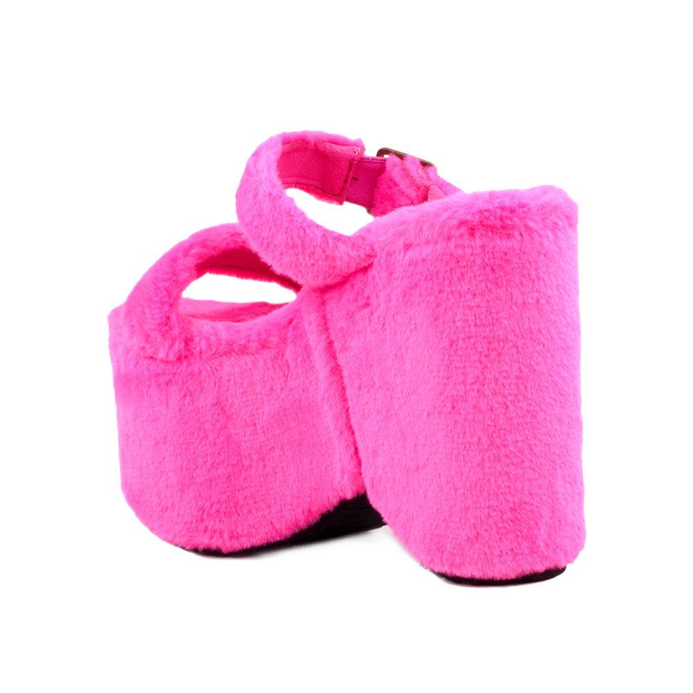 Hot pink slip on all-around faux fur women's platform sandals-posterior view