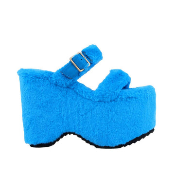 Blue slip on all-around faux fur women's platform sandals-side view
