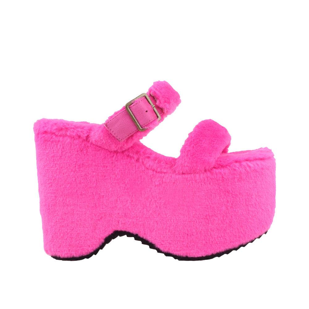 Hot pink slip on all-around faux fur women's platform sandals-side view