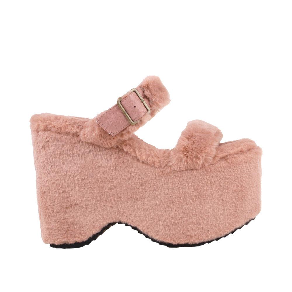 Taupe slip on all-around faux fur women's platform sandals-side view