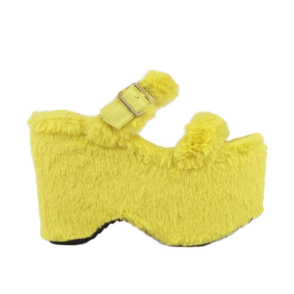 Yellow slip on all-around faux fur women's platform sandals-side view