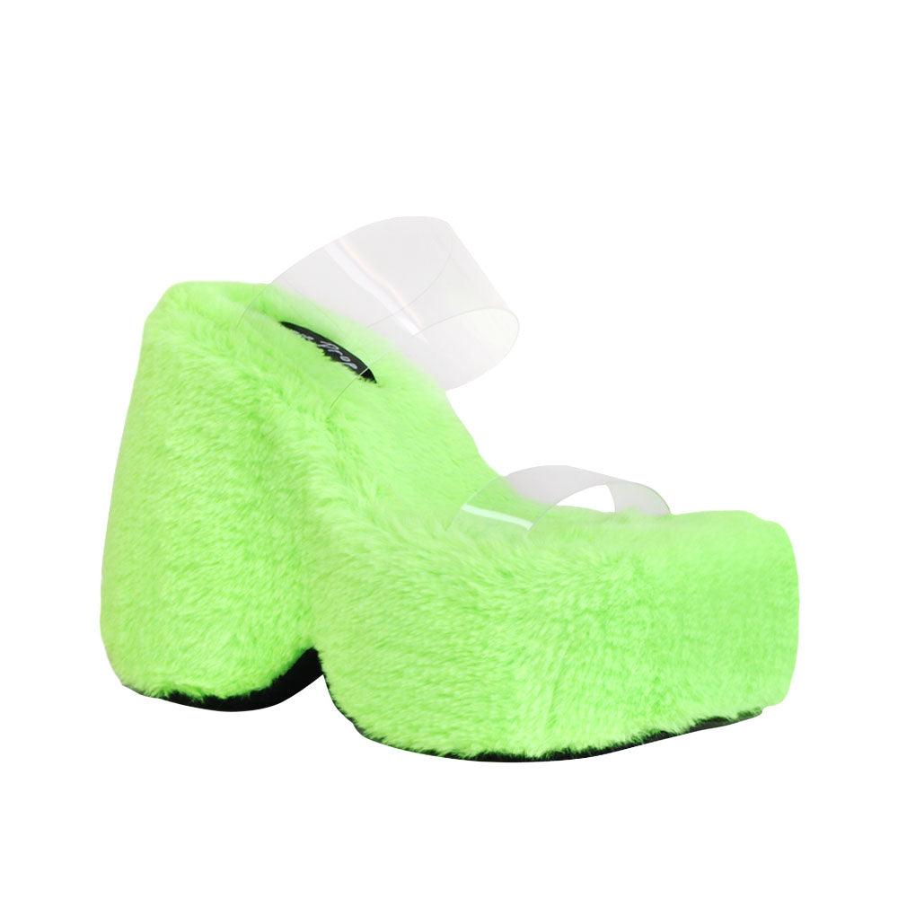 Vinyl upper women's neon green wedge slip ons covered in fur-corner view