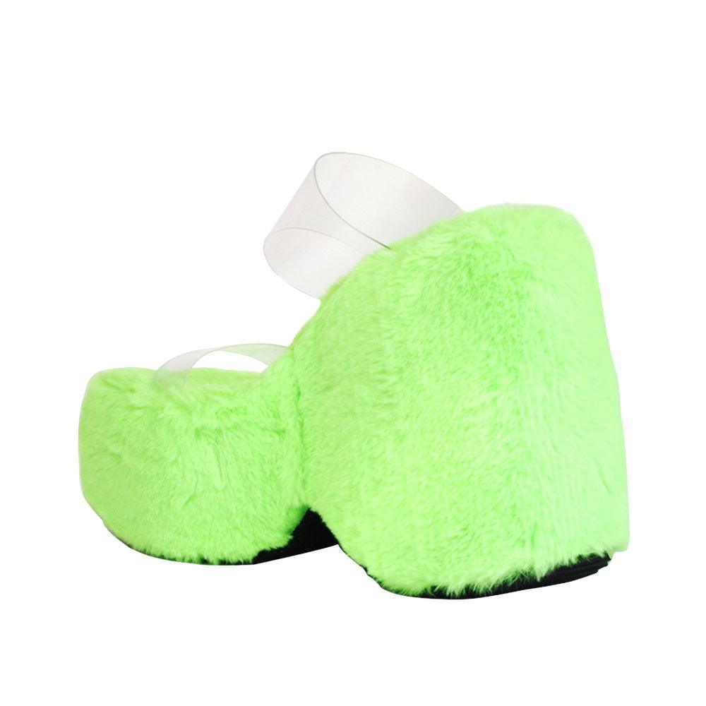 Vinyl upper women's neon green wedge slip ons covered in fur-posterior view