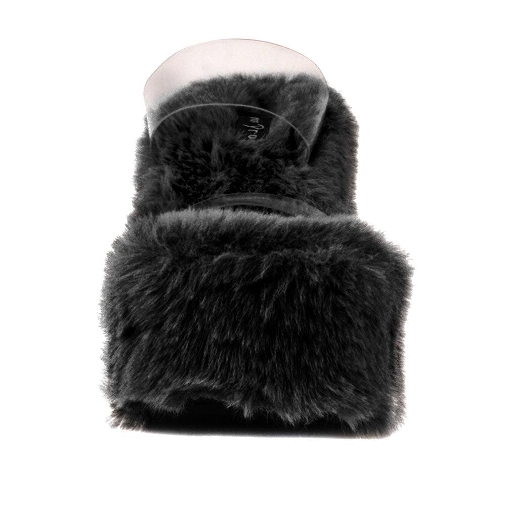 Vinyl upper women's black wedge slip ons covered in fur-front view