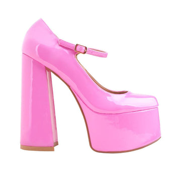 Leatherette women's platform square heel in pink-side view