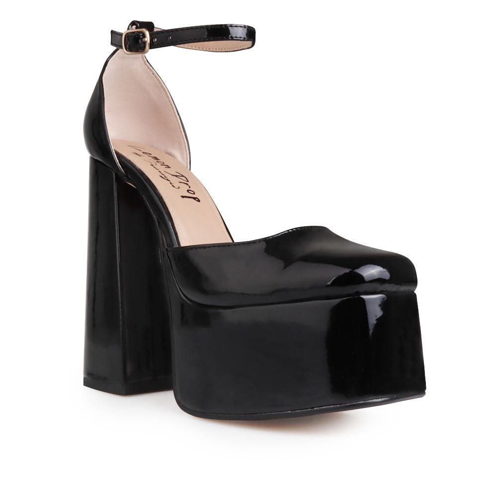 Vegan leather women's platform heel in black-corner view