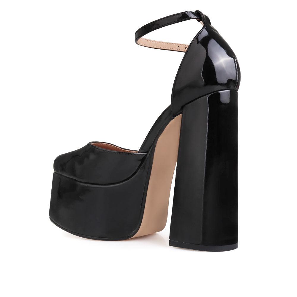 Vegan leather women's platform heel in black-posterior view