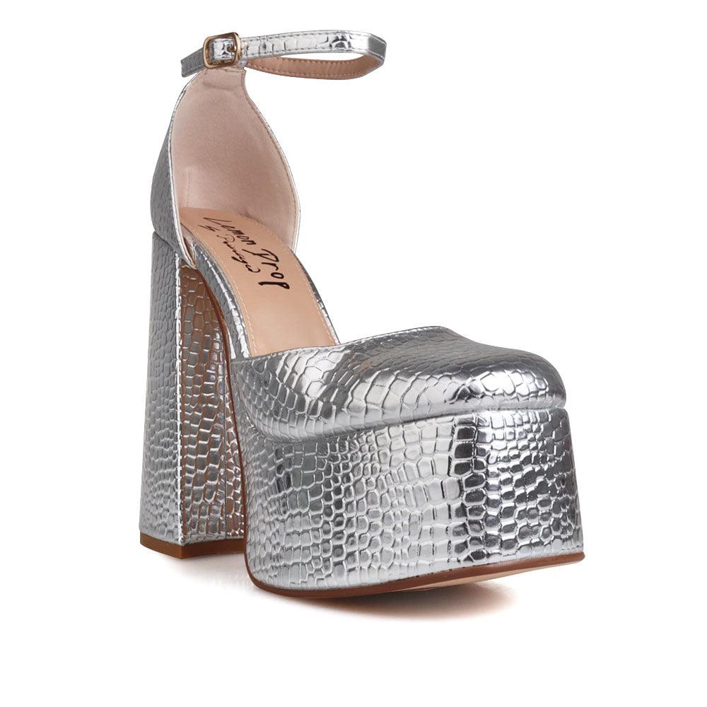 Vegan leather women's platform heel in silver-corner view