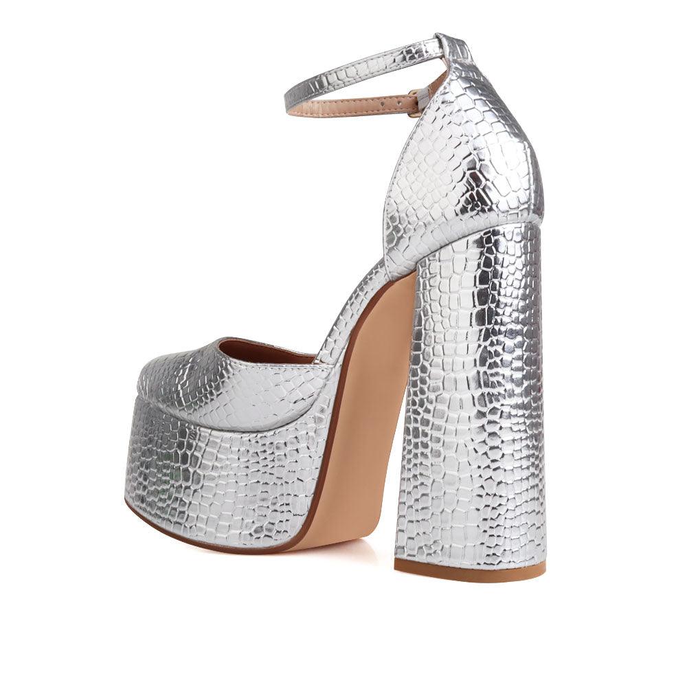 Vegan leather women's platform heel in silver-posterior view