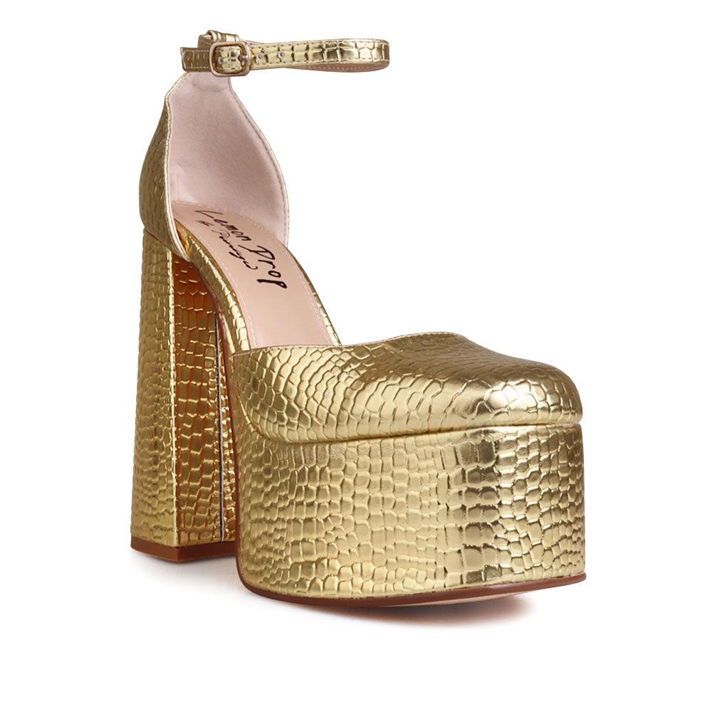 Vegan leather women's platform heel in gold-corner view