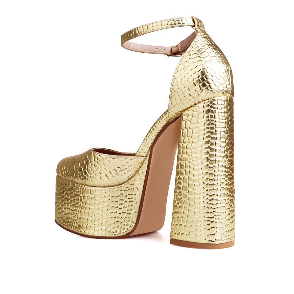 Vegan leather women's platform heel in gold-posterior view