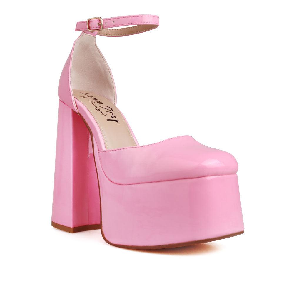 Vegan leather women's platform heel in pink-corner view