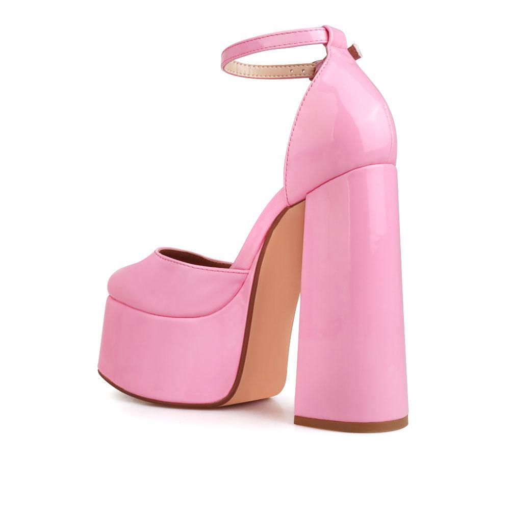 Vegan leather women's platform heel in pink-posterior view