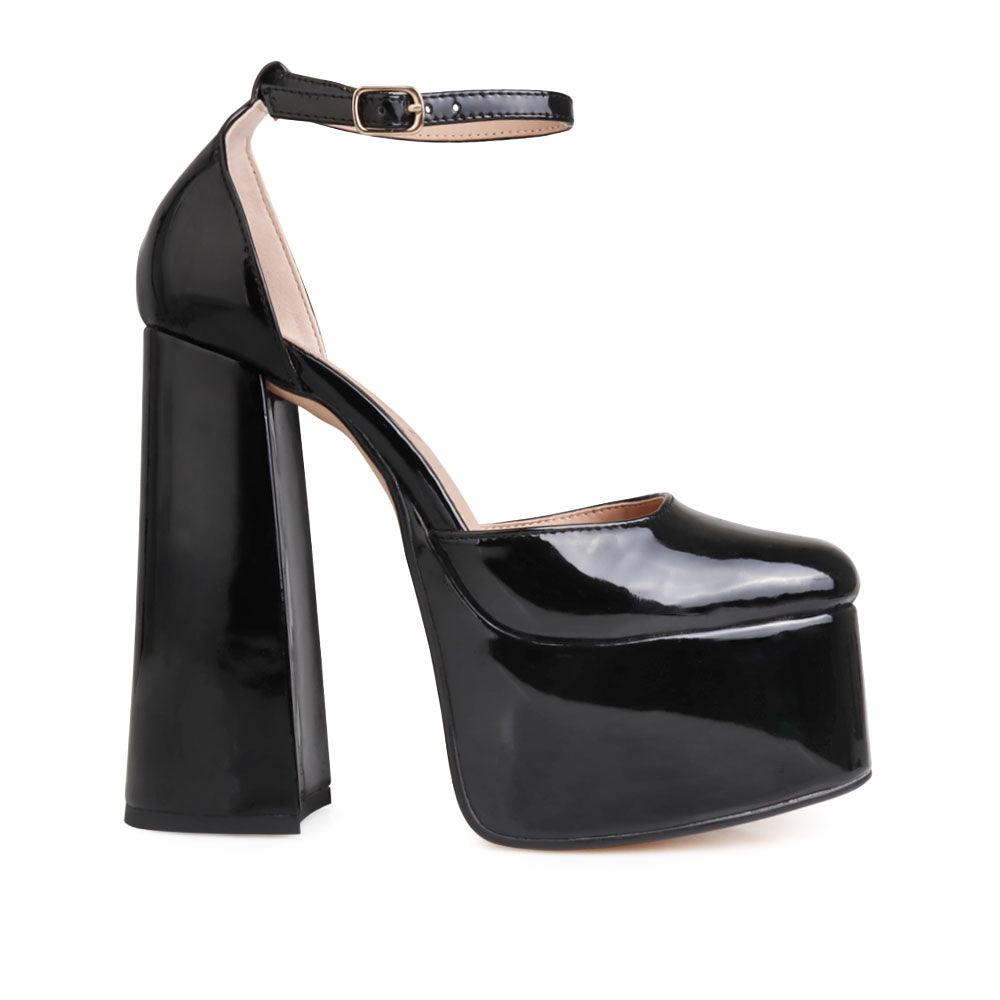 Vegan leather women's platform heel in black-side view