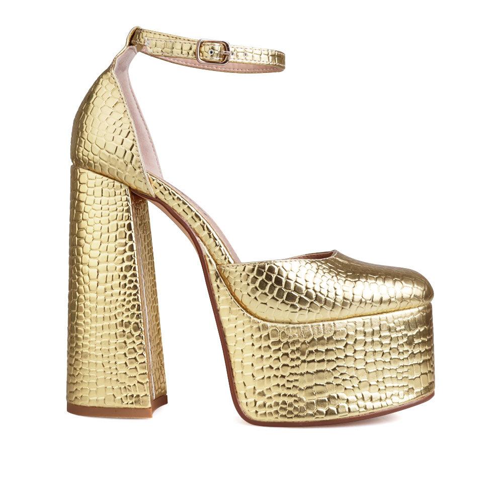 Vegan leather women's platform heel in gold-side view